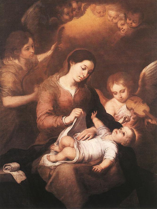 Mary and Child with Angels Playing Music, vintage artwork by Bartolome Esteban Murillo, 12x8" (A4) Poster