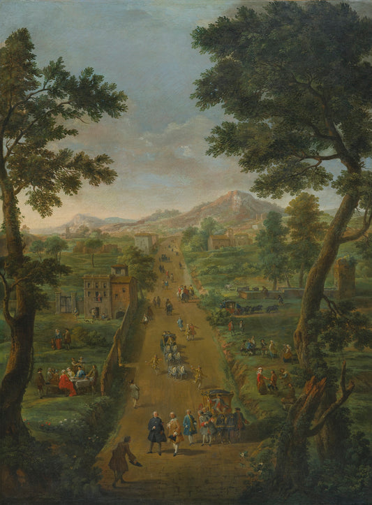 An Extensive Landscape with Carriages and Elegant Figures on a Road, vintage artwork by Giovanni Paolo Panini, 12x8" (A4) Poster