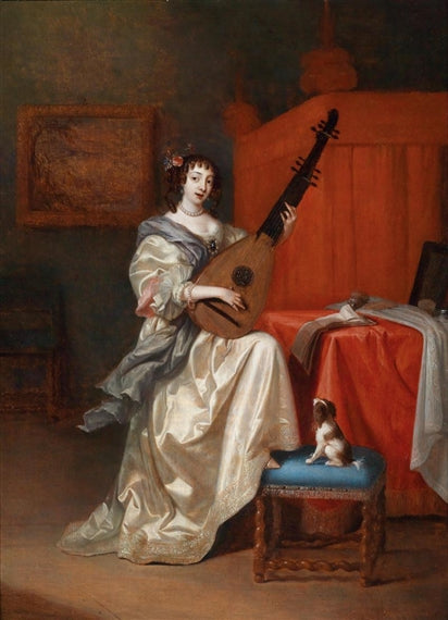 A young lady playing the lute, vintage artwork by Reinier De La Haye, 12x8" (A4) Poster