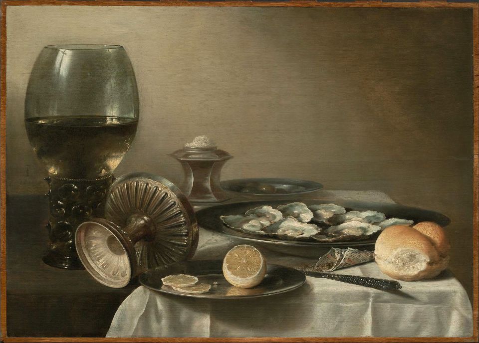 Still Life with Wine Goblet and Oysters, vintage artwork by Pieter Claesz, 12x8" (A4) Poster