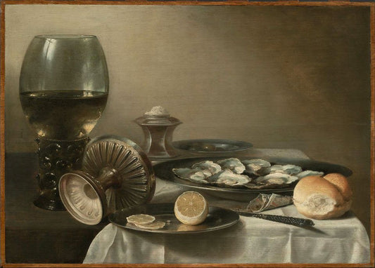 Still Life with Wine Goblet and Oysters, vintage artwork by Pieter Claesz, 12x8" (A4) Poster