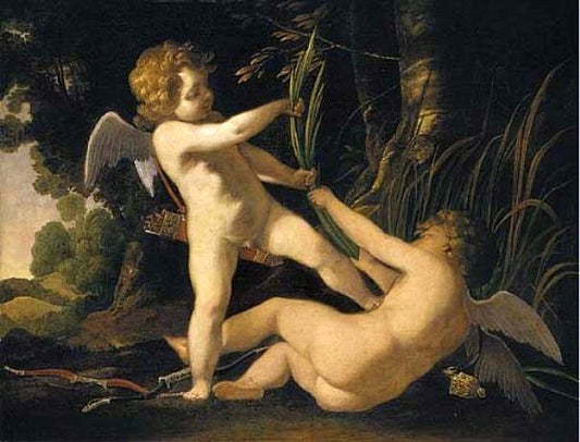Two Winged Putti Disporting in a Landscape, vintage artwork by Laurent de La Hyre, 12x8" (A4) Poster
