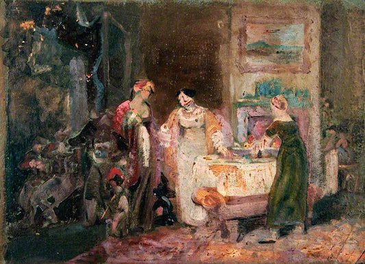 Interior with Women and Children at a Table, vintage artwork by Joseph Clover, 12x8" (A4) Poster