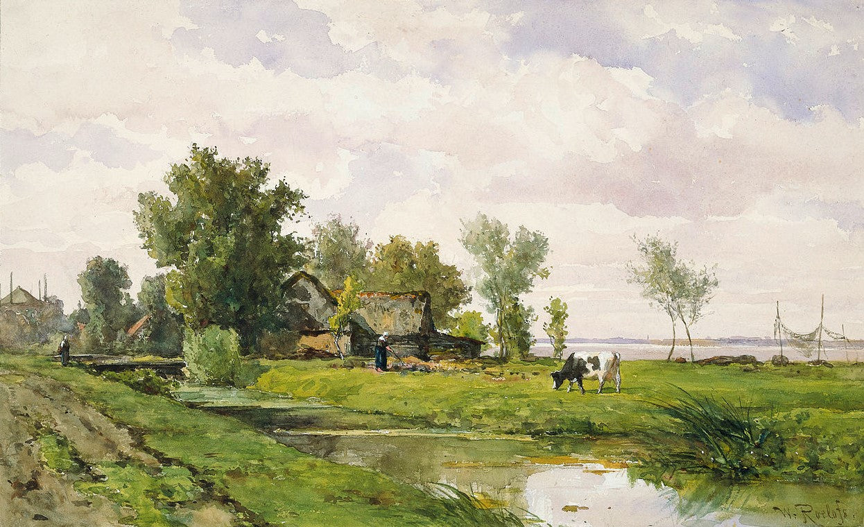 Farm beside a Ditch, vintage artwork by Willem Roelofs, 12x8" (A4) Poster