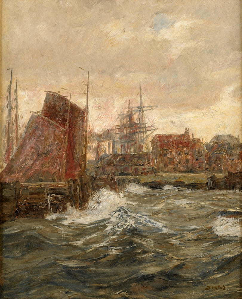 Harbor entrance, vintage artwork by Andreas Dirks, 12x8" (A4) Poster