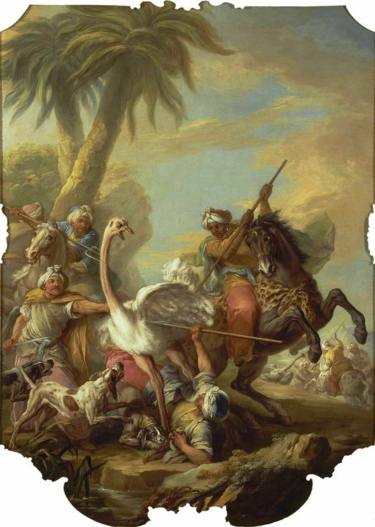 Foreign Hunts - The Ostrich Hunt, vintage artwork by Carle van Loo, 12x8" (A4) Poster