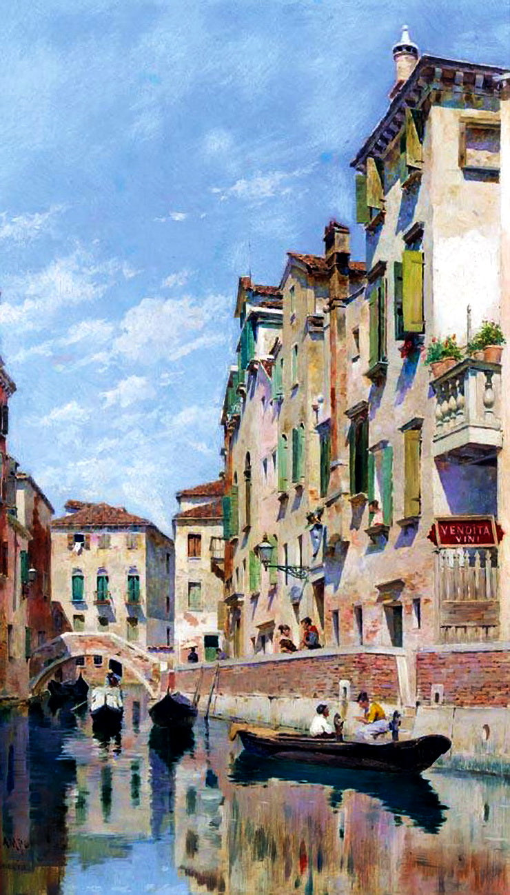 Gondolas on a Venetian Canal, vintage artwork by Federico del Campo, 12x8" (A4) Poster