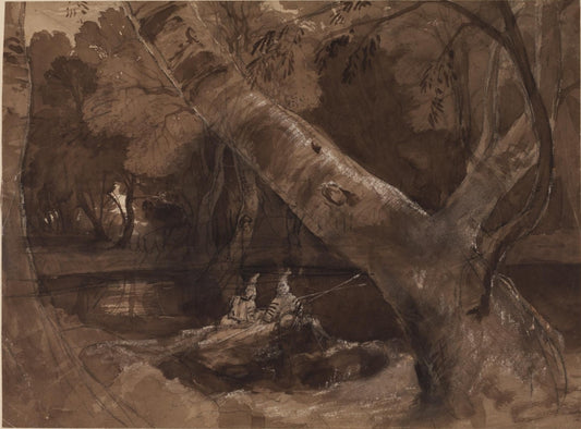 Anglers by  a Wooded Stream, vintage artwork by Attributed to Francis Danby , A3 (16x12") Poster Print