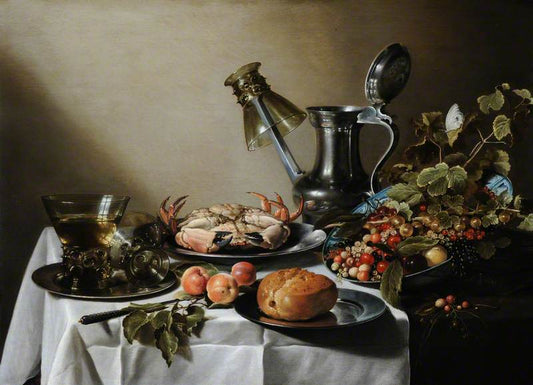 Still Life:  Food, Glasses and a Jug on a Table, vintage artwork by Pieter Claesz, 12x8" (A4) Poster
