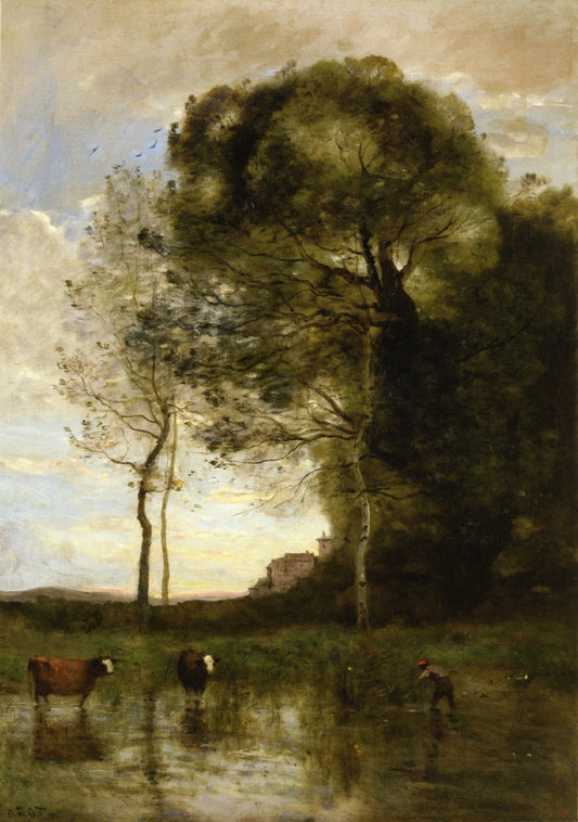 Banks of a Pond with Two Cows, Italian Souvenir, vintage artwork by Jean-Baptiste-Camille Corot, A3 (16x12") Poster Print