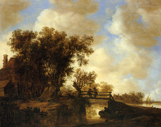 A River Landscape with a Footbridte and Fishermen, vintage artwork by Jan van Goyen, 12x8" (A4) Poster