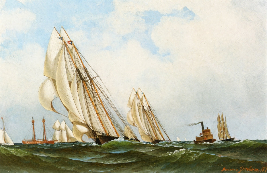 Sappho off Sandy Hook Lightship, vintage artwork by Antonio Jacobsen, 12x8" (A4) Poster