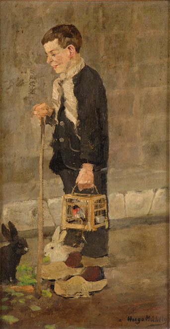 Boy with two rabbits and bird cage by Hugo Muhlig,A3(16x12")Poster