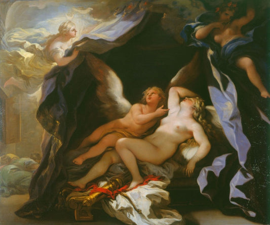 Cupid Visiting the Sleeping Psyche, vintage artwork by Luca Giordano, 12x8" (A4) Poster