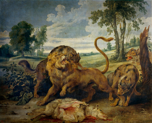 A Lion and Three Wolves, vintage artwork by Paul de Vos, 12x8" (A4) Poster