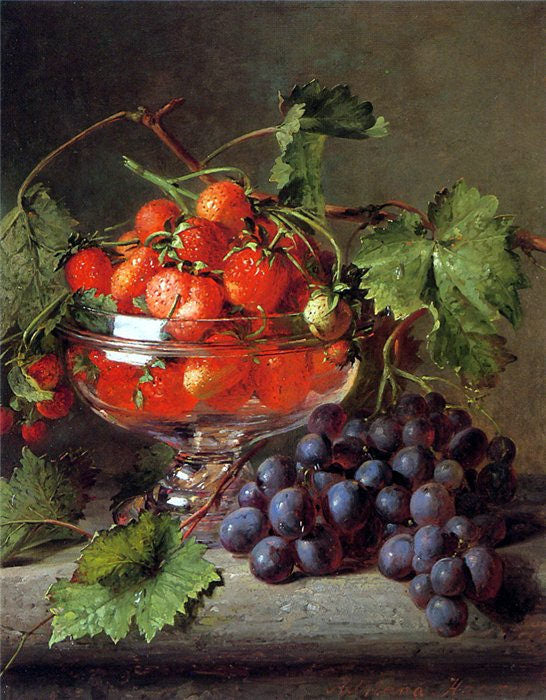 Strawberries in a glass bowl with grapes on a ledge, vintage artwork by Adriana Johanna Haanen, A3 (16x12") Poster Print