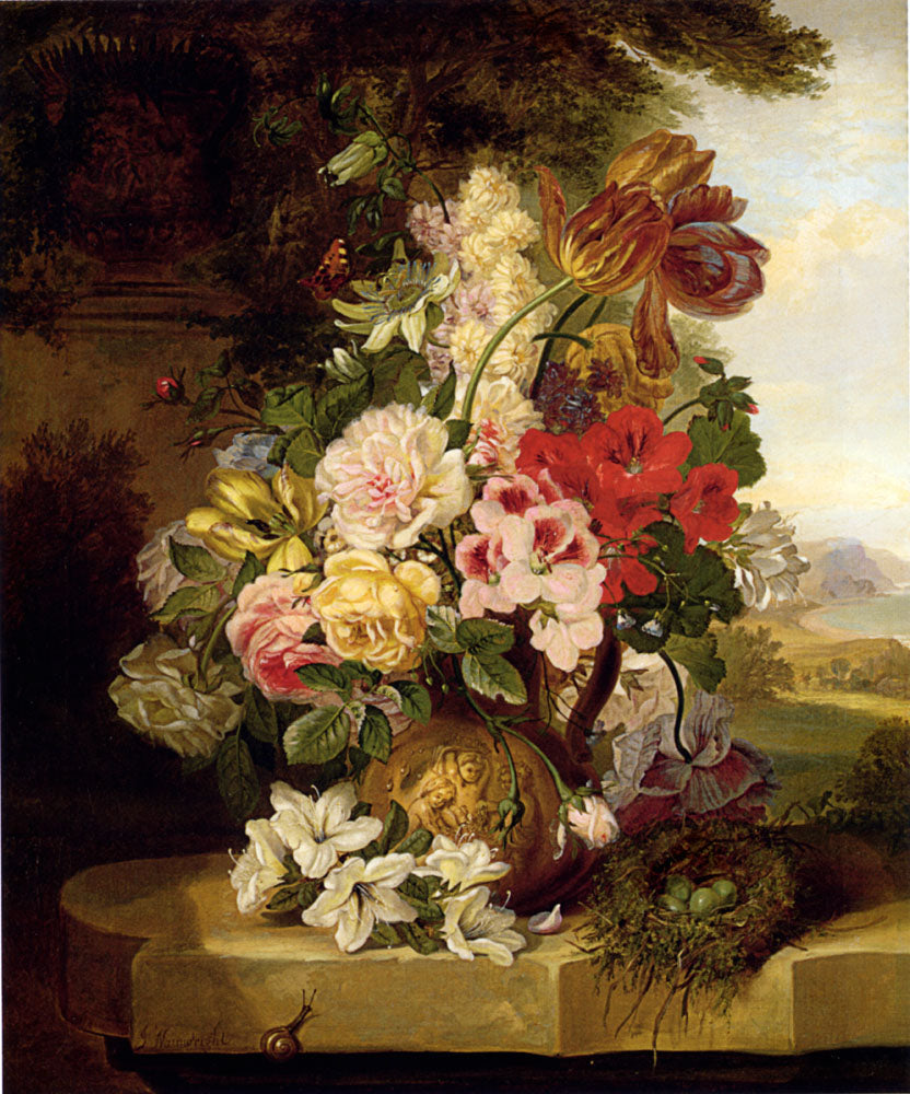 Still Life With Tulips, Roses, Passion Flowers And A Butterfly, vintage artwork by John Wainwright, 12x8" (A4) Poster
