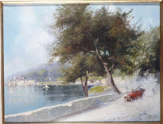 Car Race on the Lake, vintage artwork by Oscar Ricciardi, 12x8" (A4) Poster