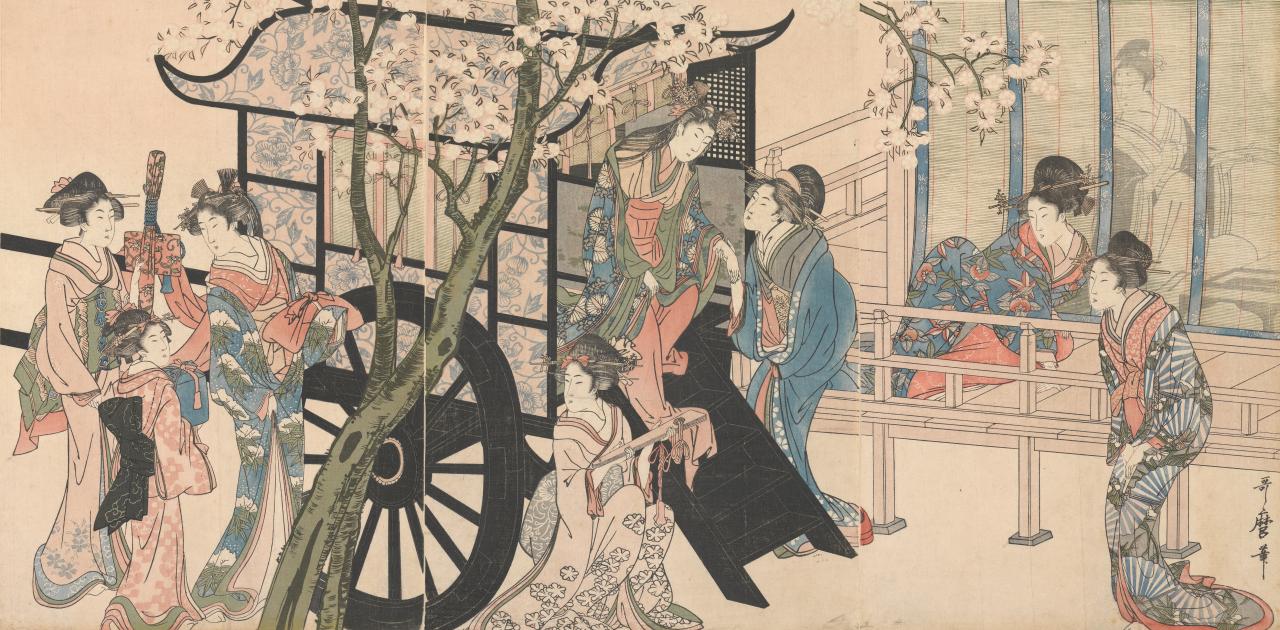 A Tokugawa Princess Descending from a Carriage, vintage artwork by Kitagawa Utamaro, 12x8" (A4) Poster