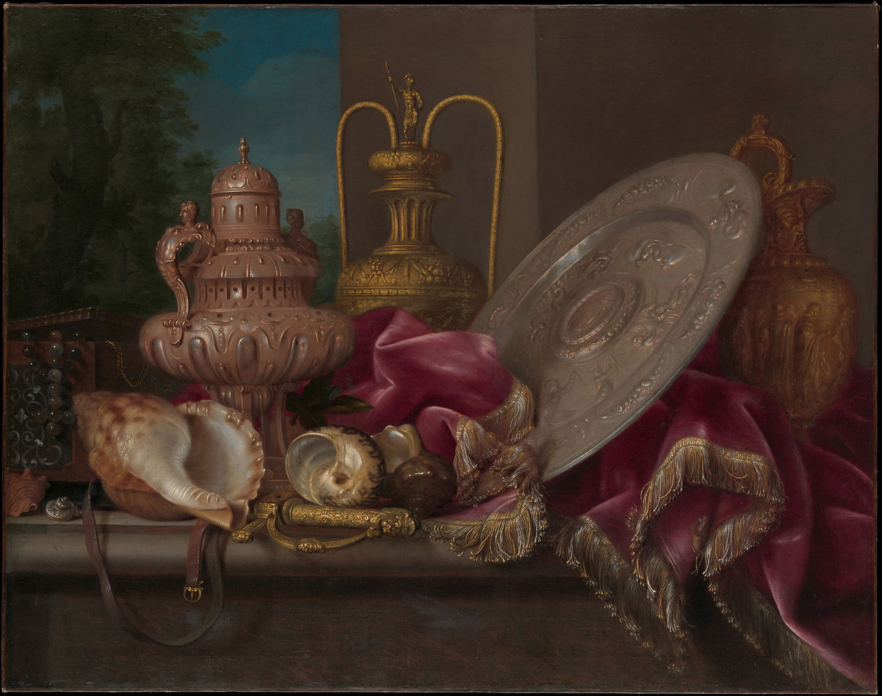 Still Life with Silver and Gold Plate, Shells, and a Sword, vintage artwork by Meiffren Conte, 12x8" (A4) Poster