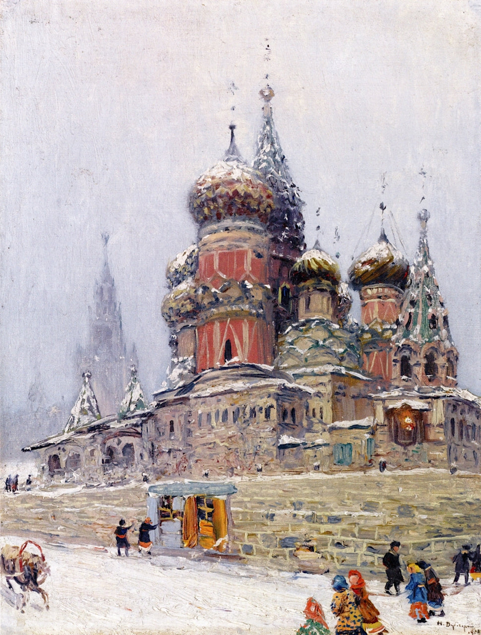 St. Basil's Cathedral in Winter, vintage artwork by Nikolai Nikanorovich Dubovskoy, 12x8" (A4) Poster