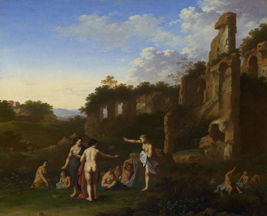Women Bathing in a Landscape, vintage artwork by Cornelis van Poelenburgh, 12x8" (A4) Poster