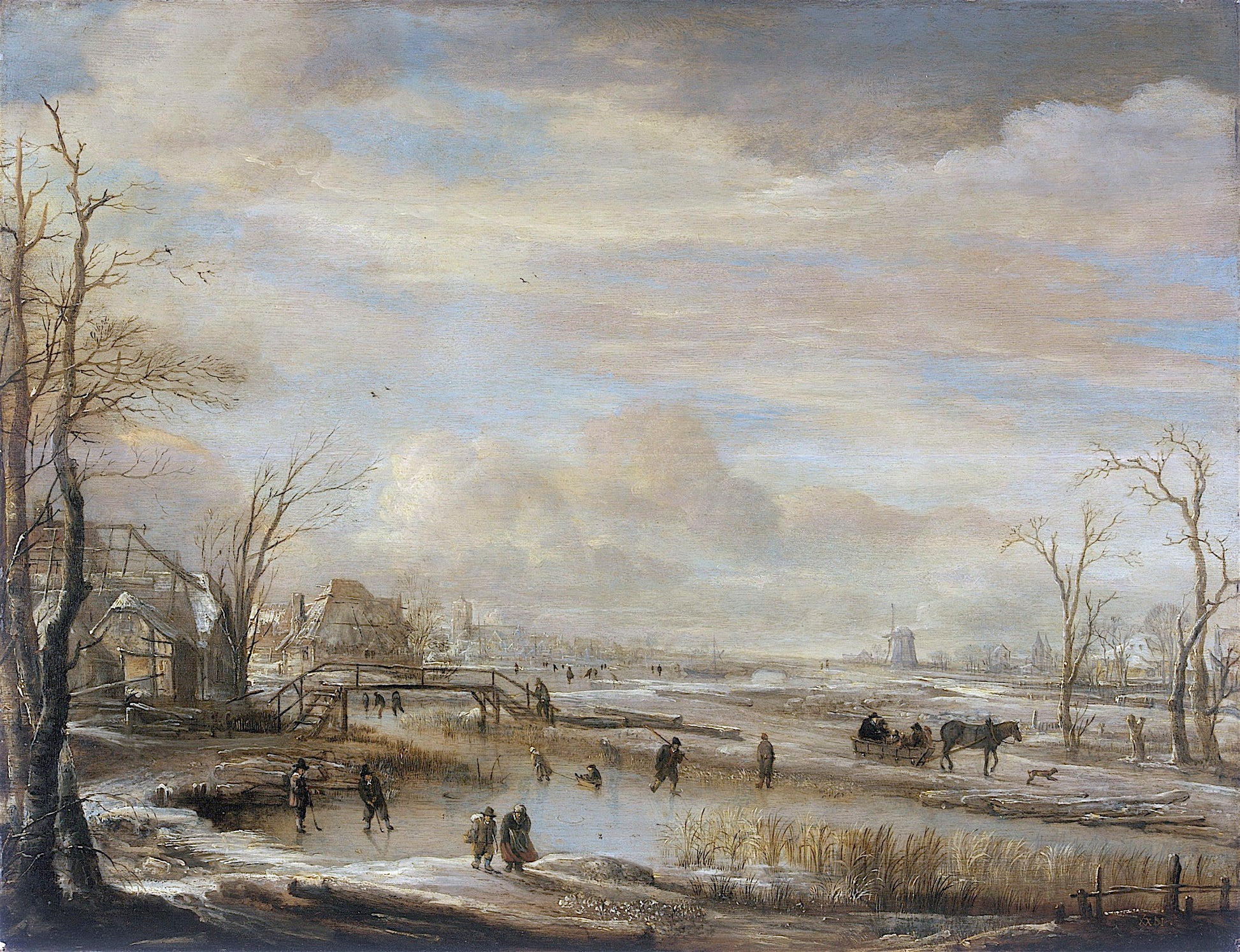 Frozen River with a Footbridge, vintage artwork by Aert van der Neer, 12x8" (A4) Poster