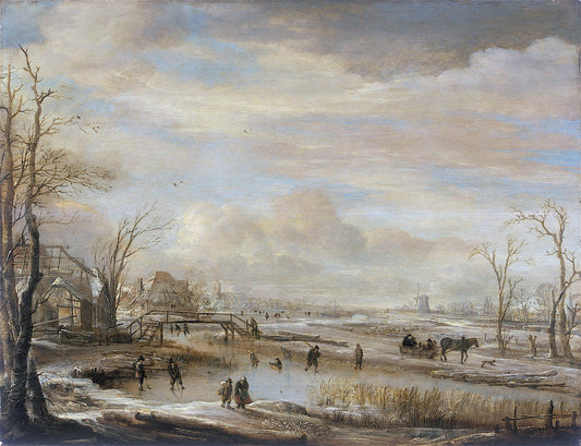 Frozen River with a Footbridge, vintage artwork by Aert van der Neer, 12x8" (A4) Poster