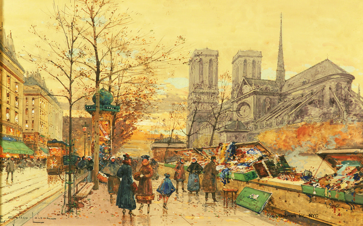 Les bouquinistes sur les quais a Notre Dame, vintage artwork by Eugene Galien-Laloue, 12x8" (A4) Poster