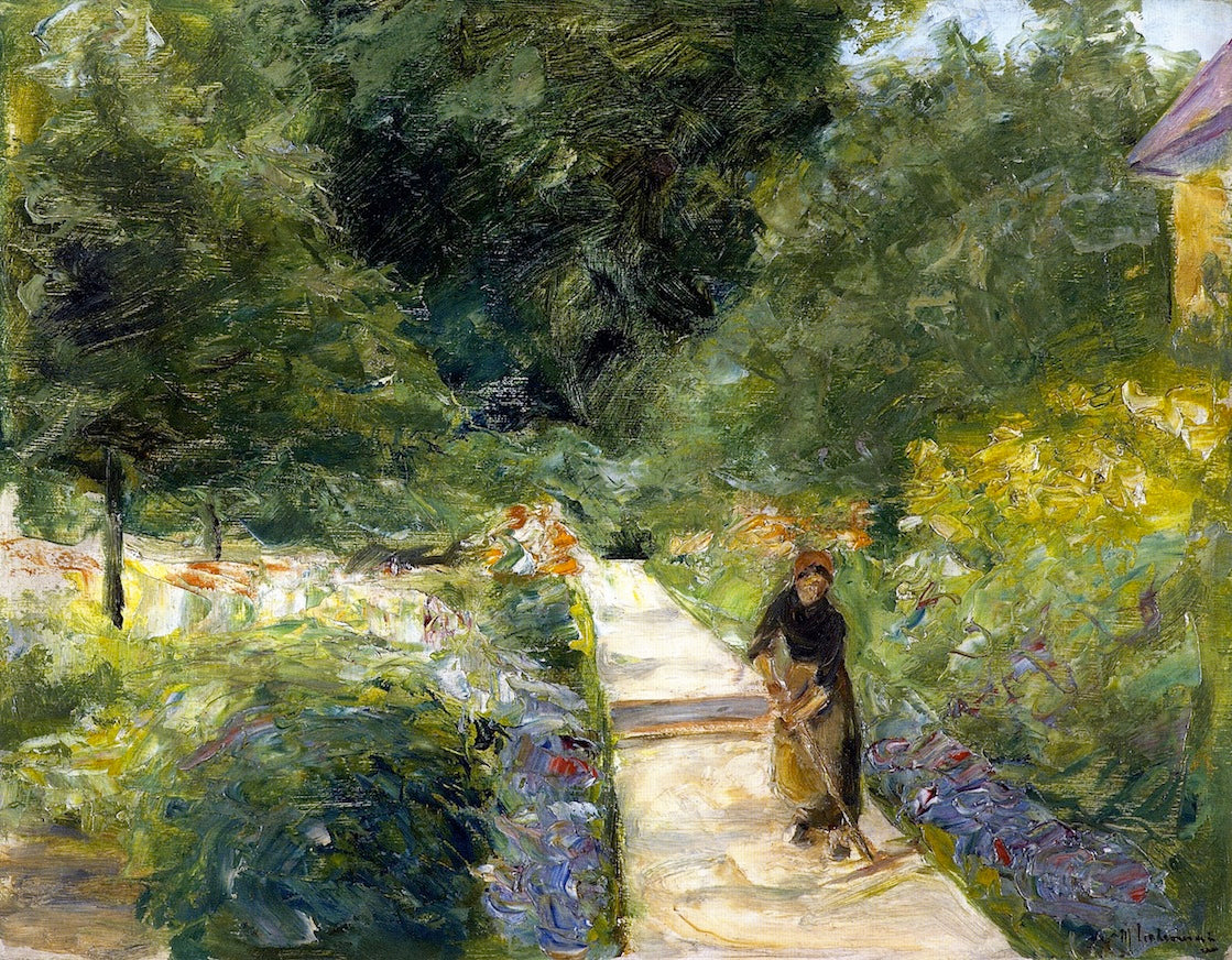The Cutting Garden in Wannsee toward the West, with a Woman Gardener on the Path, vintage artwork by Max Liebermann, 12x8" (A4) Poster