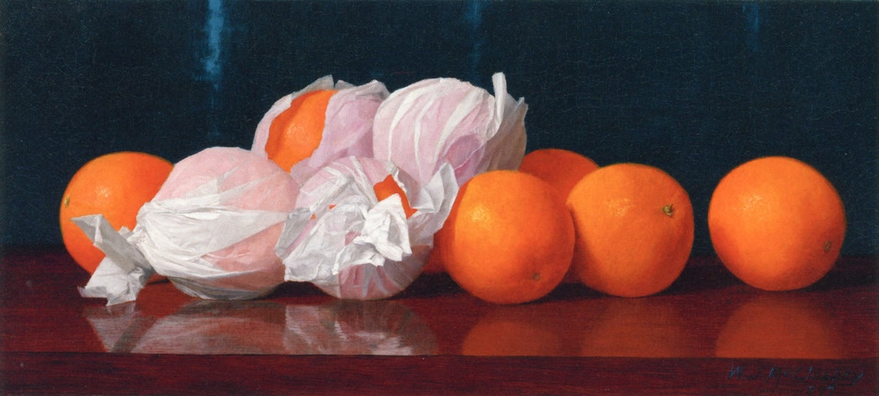 Wrapped Oranges on a Tabletop, vintage artwork by William Joseph McCloskey, 12x8" (A4) Poster