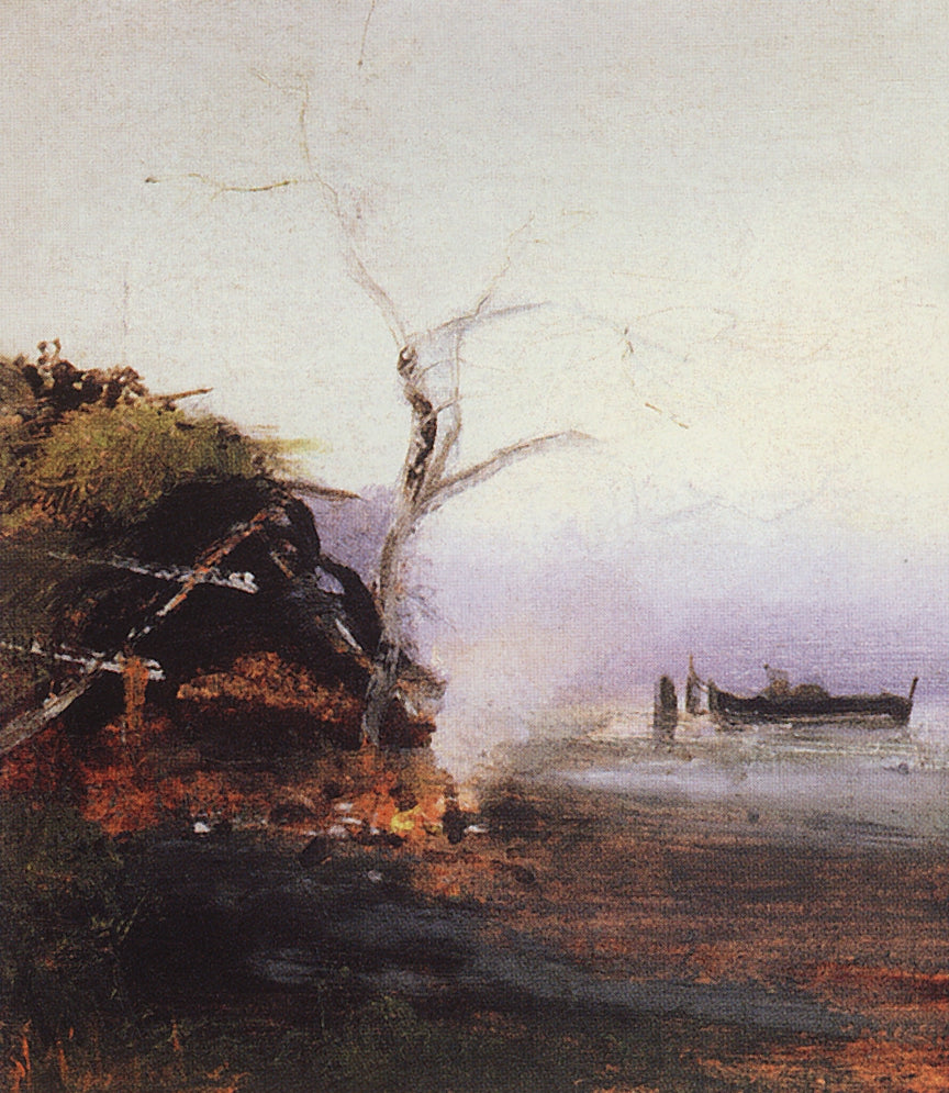 Bonfire by  the River, vintage artwork by Alexei Kondratyevich Savrasov, 12x8" (A4) Poster
