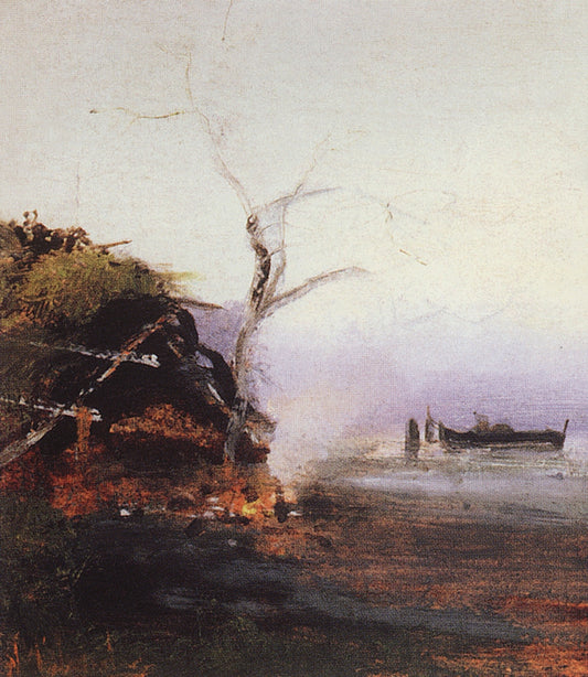 Bonfire by  the River, vintage artwork by Alexei Kondratyevich Savrasov, 12x8" (A4) Poster