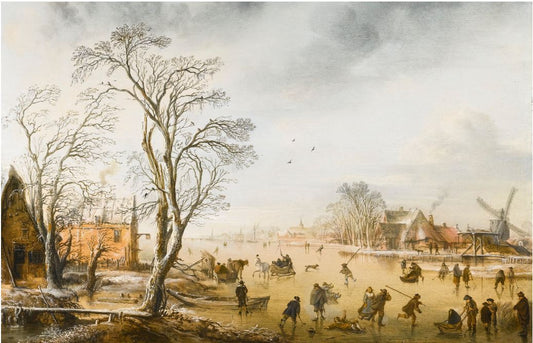 A winter landscape with skaters and Kolf players on a frozen river, vintage artwork by Aert van der Neer, 12x8" (A4) Poster