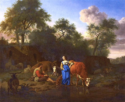 Shepherd and Shepherdess with Cattle by  a Stream, vintage artwork by Adriaen van de Velde, 12x8" (A4) Poster