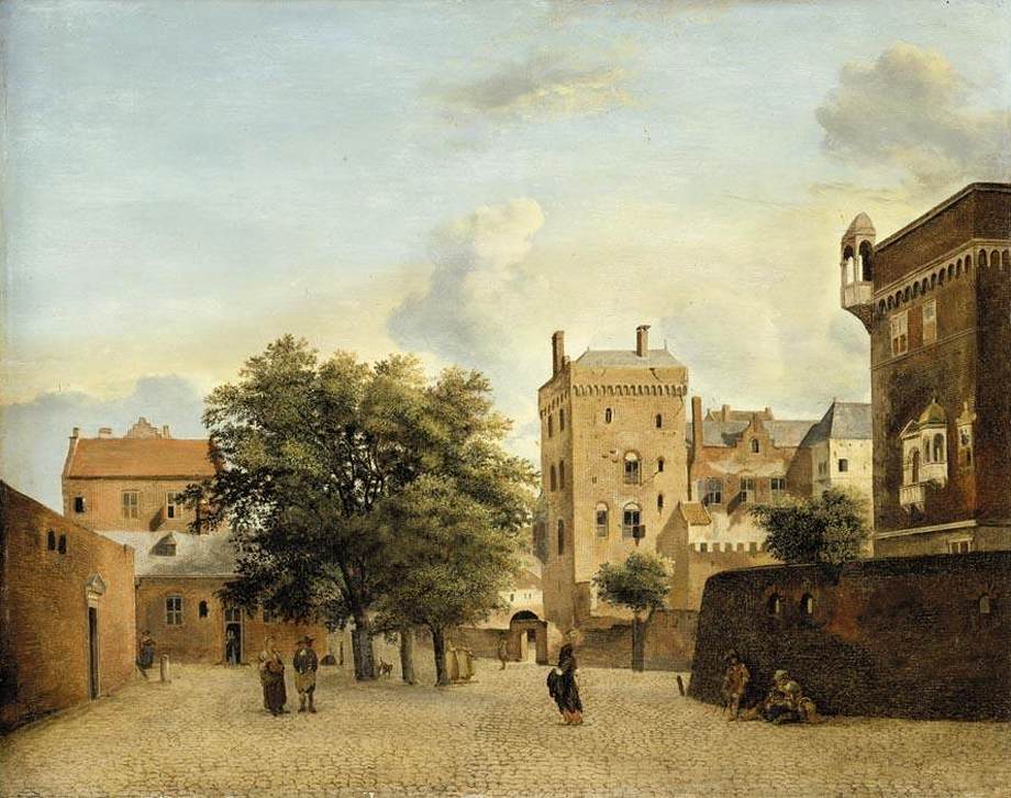 View of a Small Town Square, vintage artwork by Jan van der Heyden, 12x8" (A4) Poster