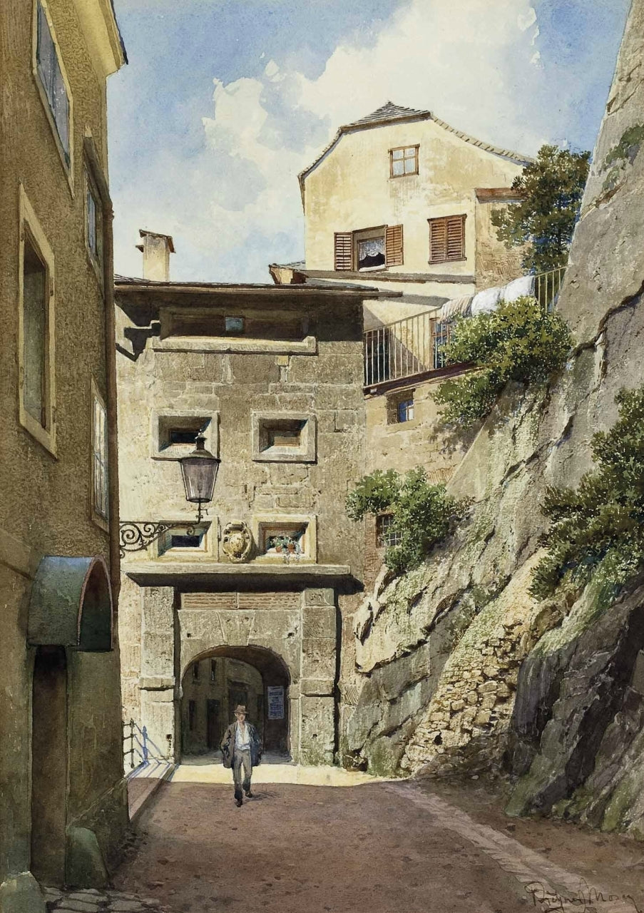 Salzburg, Pedestrians at Stone Gate, vintage artwork by Richard Moser, 12x8" (A4) Poster