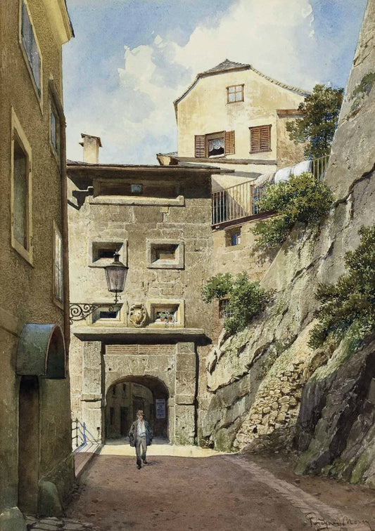 Salzburg, Pedestrians at Stone Gate, vintage artwork by Richard Moser, 12x8" (A4) Poster