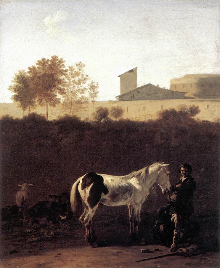 Italian Landscape with Herdsmen and a Piebald Horse, vintage artwork by Carel Dujardin, 12x8" (A4) Poster