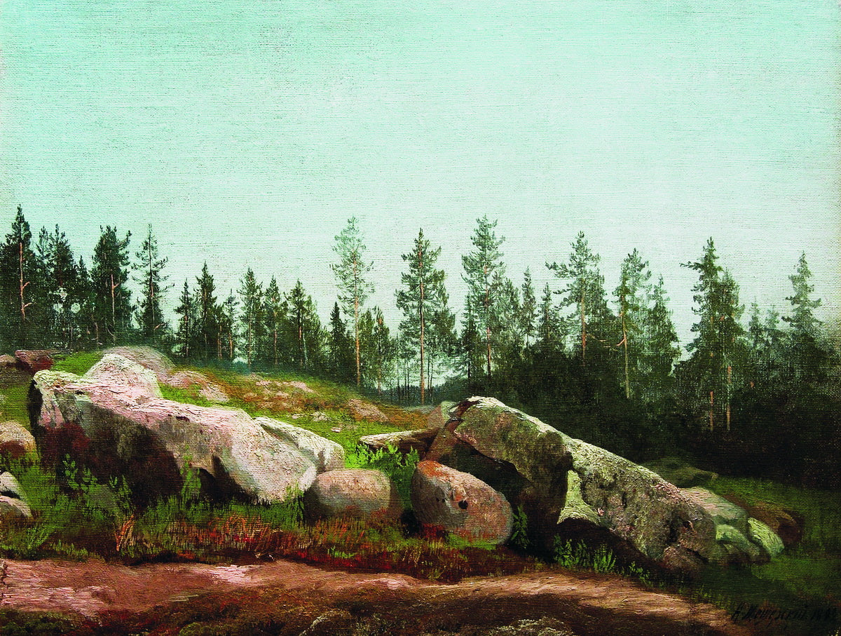 Forest Landscape with Rocks, vintage artwork by Arseny Meschersky, 12x8" (A4) Poster