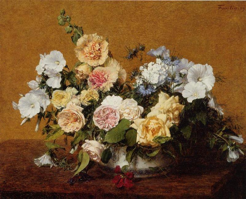Bouquet of Roses and Other Flowers, vintage artwork by Henri Fantin-Latour, 12x8" (A4) Poster