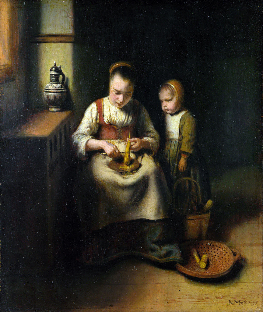 A Woman Scraping Parsnips, with a Child Standing by  Her, vintage artwork by Nicolaes Maes, 12x8" (A4) Poster