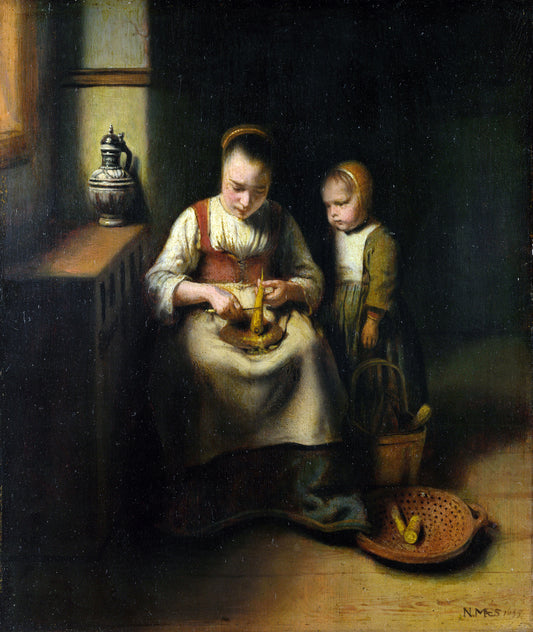 A Woman Scraping Parsnips, with a Child Standing by  Her, vintage artwork by Nicolaes Maes, 12x8" (A4) Poster