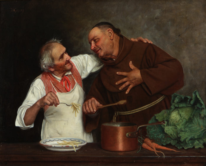 Monk and Chef, vintage artwork by Alessandro Sani, 12x8