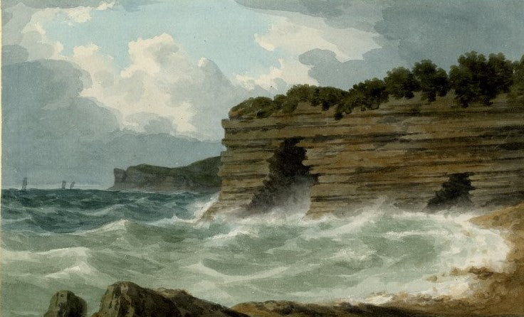 Cave on sea coast, called 'Reynard's Church', near St Donat's Castle, vintage artwork by John Warwick Smith, 12x8" (A4) Poster