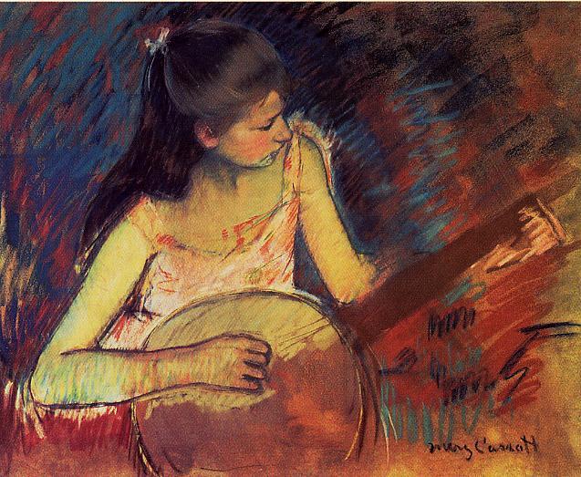 Girl with a Banjo, vintage artwork by Mary Cassatt, 12x8" (A4) Poster