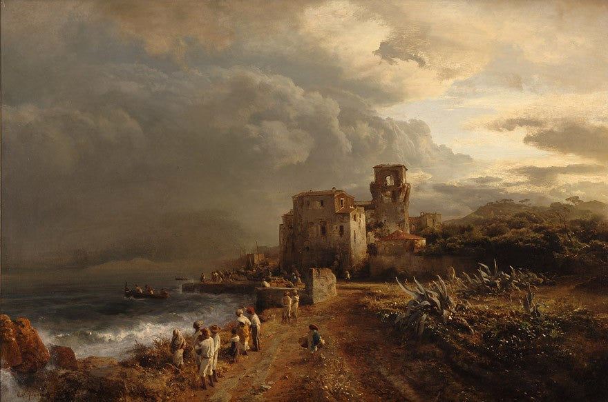 Italian Coastal Scene, vintage artwork by Oswald Achenbach, 12x8" (A4) Poster