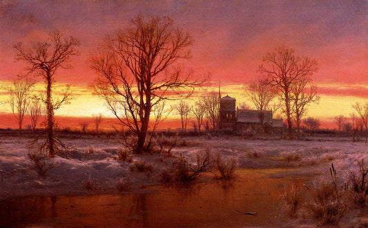 Sunset, Winter, vintage artwork by Louis Remy Mignot, 12x8" (A4) Poster