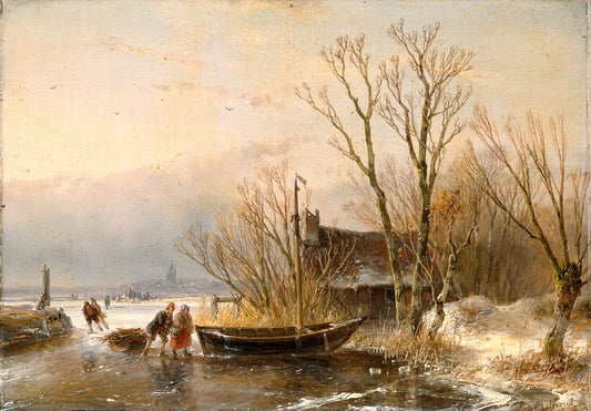 Winter Scene on the Ice with Wood Gatherers, vintage artwork by Andreas Schelfhout, 12x8" (A4) Poster