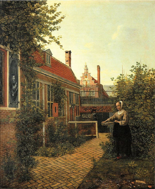 Woman with a basket of beans in vegetable garden, vintage artwork by Pieter de Hooch, 12x8" (A4) Poster